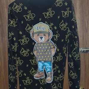Drip Bear Graphic Long Sleeve Kids Top - Black & Gold